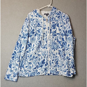 Chaps 100& Cotton White Floral Floral LS Hooded Zip Up Sweatshirt Women's XL
